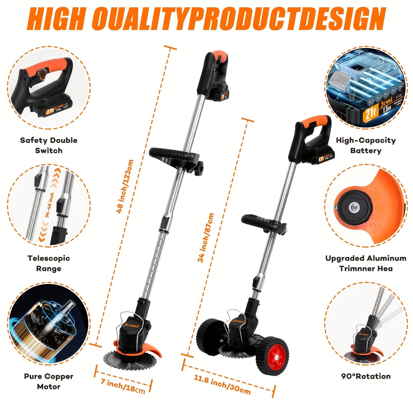 Cordless handheld electric grass trimmer with battery power and auxiliary wheels, multifunctional 3-in-1 grass trimmer pruning tool, used for garden weeding