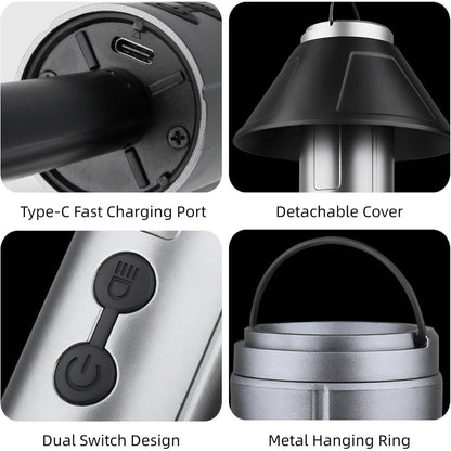 2-in-1 Retractable LED Camping Light, 3000 mAh Rechargeable Retractable Camping Light with USB Rechargeable Battery, 5 Lighting Modes, LED Flashlight, 270° Adjustable, 4 Height Adjustments, Hanging and Standing, Hidden Hook