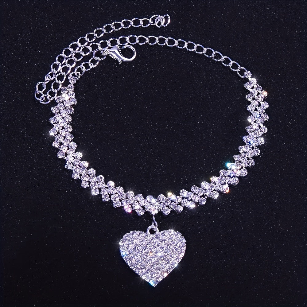 2pcs/set Fashion Fashion Jewelry Luxury Sparkling Rhinestone Rhinestone Peach Heart Love Anklet Bracelet Set Ladies Party Wedding Engagement Jewelry