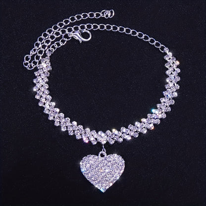 2pcs/set Fashion Fashion Jewelry Luxury Sparkling Rhinestone Rhinestone Peach Heart Love Anklet Bracelet Set Ladies Party Wedding Engagement Jewelry