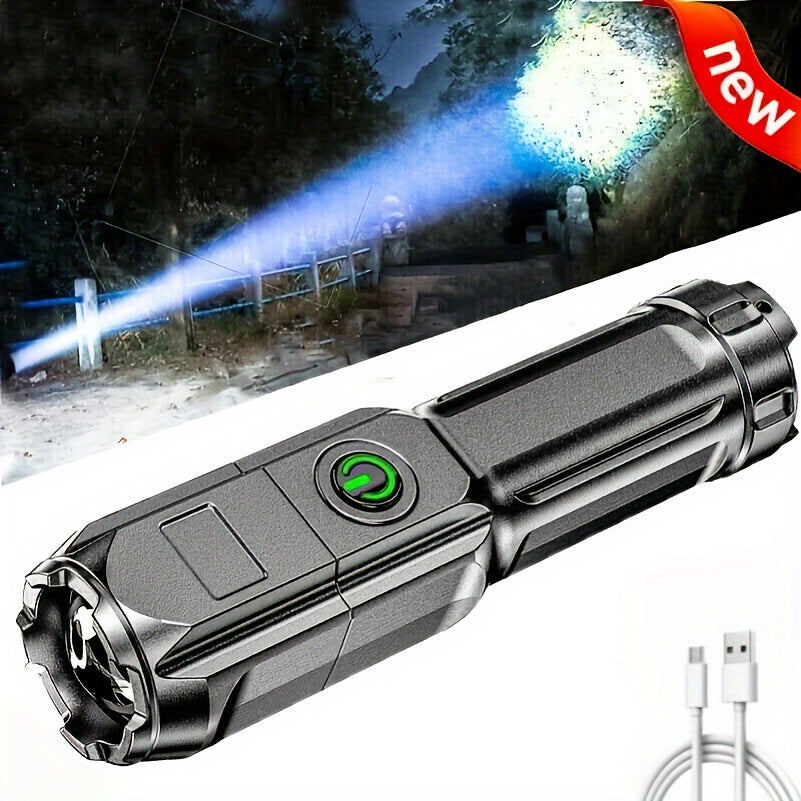 1pc Portable Super Bright Zoomable Flashlight, Rechargeable Long Shot ABS Strong Light Dimming Flashlight, Telescopic Zoom Torch For Outdoor ABS Material