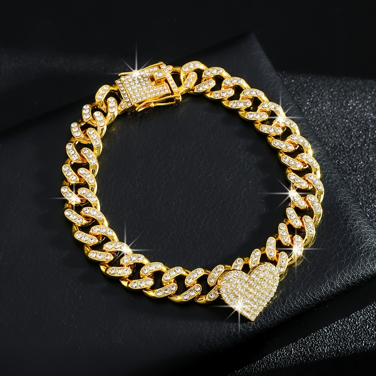 1pc Iced-Out Rhinestone Heart Anklet - Luxurious Golden Cuban Link Chain with Sparkling Stones for Women, Perfect for Casual Attire or Parties, Party Accessories | Heart Charm Anklet | Highquality Jewelry, Heart Jewelry