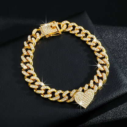 1pc Iced-Out Rhinestone Heart Anklet - Luxurious Golden Cuban Link Chain with Sparkling Stones for Women, Perfect for Casual Attire or Parties, Party Accessories | Heart Charm Anklet | Highquality Jewelry, Heart Jewelry