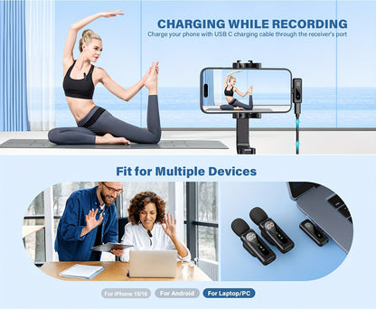 Professional Wireless Lavalier Microphone, Plug-and-Play Clip-On Mic with Auto Pairing Feature, Battery Indicator, Portable Magnetic Mount, Noise Reduction Suitable for iPhone 15/16, Android, USB-C Devices, Live Streaming, Po