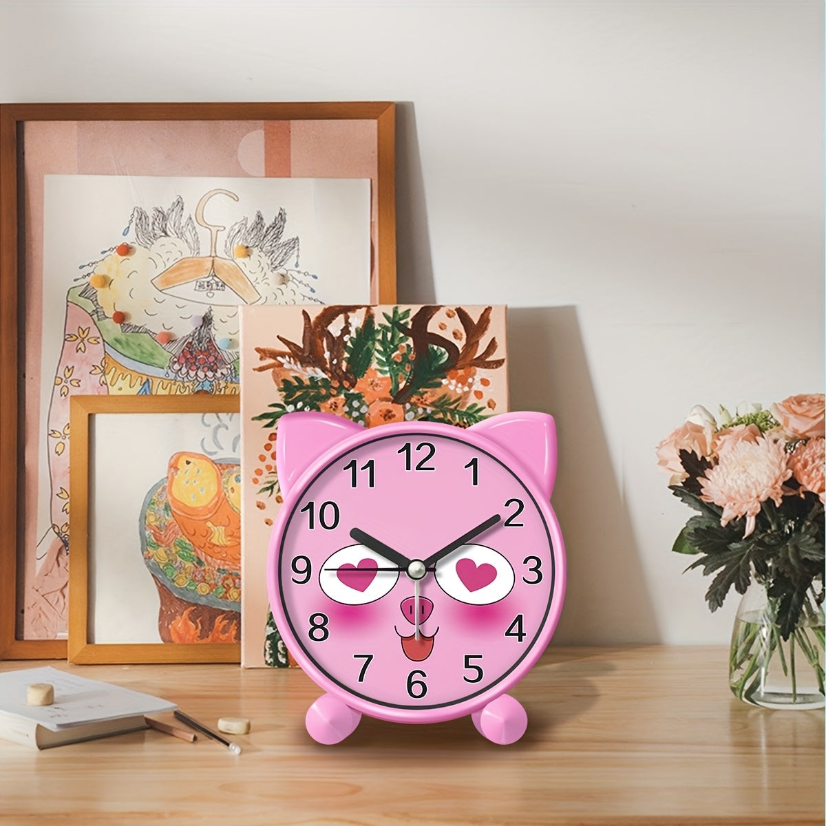 A pink cartoon animal-shaped alarm clock that simulates, silent without ticking, a plastic clock powered by batteries, can be set to remind, suitable for rooms, bedside tables, desks, ideal gift (without batteries)