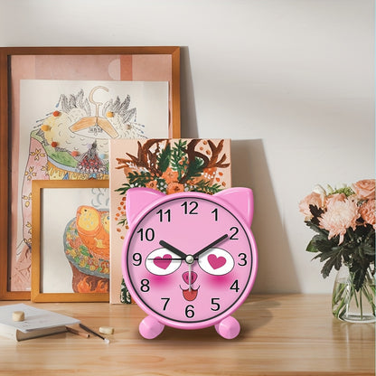 A pink cartoon animal-shaped alarm clock that simulates, silent without ticking, a plastic clock powered by batteries, can be set to remind, suitable for rooms, bedside tables, desks, ideal gift (without batteries)