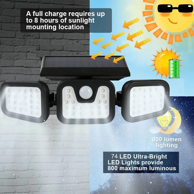 Solar-Powered Motion Sensor Light - 74 LED Outdoor Floodlight, 3 Modes,, Suitable for Front Door, Yard, Garage, Sidewalks, Pathways, Garden, and Patio | Solar Energy & Energy-Efficient Outdoor Lighting | Durable Plastic Body