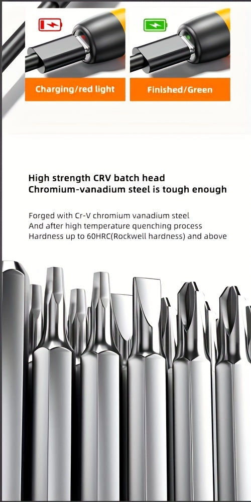 46-In-1 Cordless Electric Screwdriver Set, Silent High Torque Rechargeable Lithium Battery, USB Powered, Multifunctional Portable Household Tool Set with 38 Magnetic Precision Bits, Suitable for Precision Repair Tools Such As