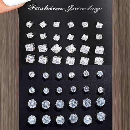 Elegant 48pcs Stud Earrings Set for Women - Sparkling Rhinestone Accents, Round & Square Shapes, Stainless Steel Posts, The rhinestone base is made of iron, Perfect for Casual Attire & Parties