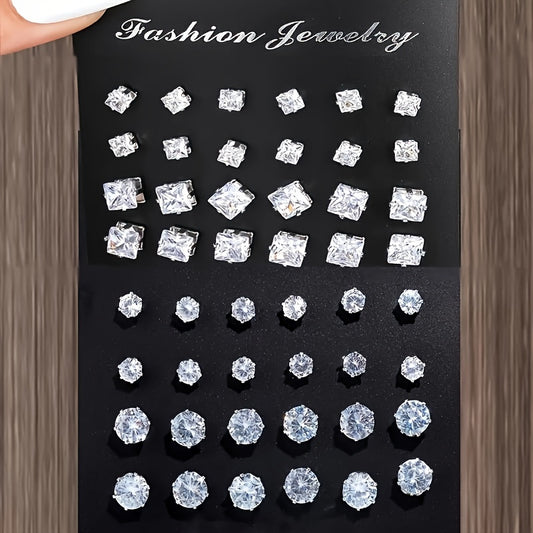 Elegant 48pcs Stud Earrings Set for Women - Sparkling Rhinestone Accents, Round & Square Shapes, Stainless Steel Posts, The rhinestone base is made of iron, Perfect for Casual Attire & Parties