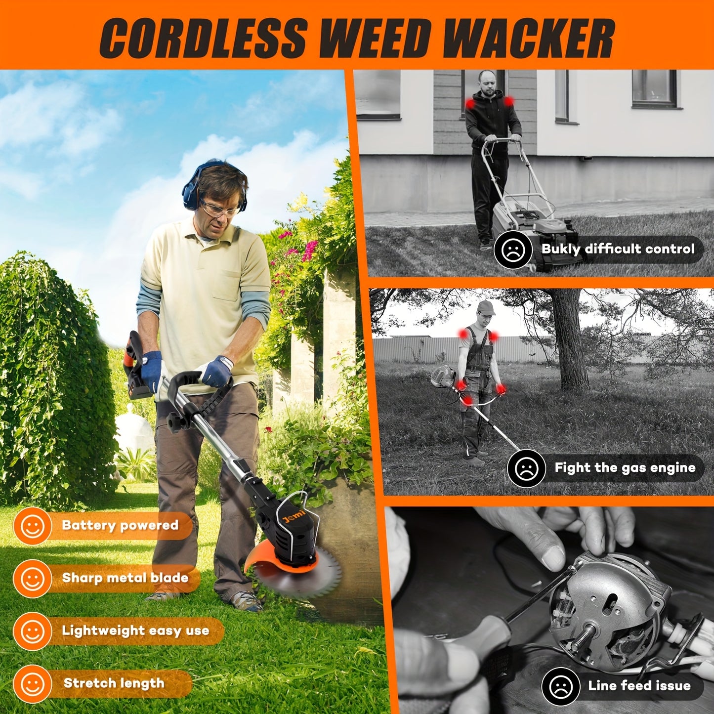 Cordless handheld electric grass trimmer with battery power and auxiliary wheels, multifunctional 3-in-1 grass trimmer pruning tool, used for garden weeding