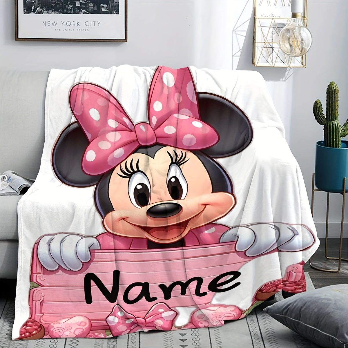 DS83 A Disney Licensed Minnie Name Custom Digital Print Flannel Blanket, Hanging Blanket, Wall Blanket, Shawl Blanket, Cabin Decoration Sofa Bed Blanket, Nap Blanket, Small Throw Blanket, Multi-Purpose Blanket Customized for