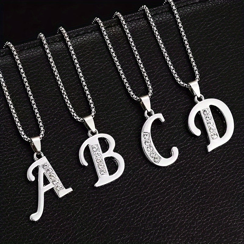 Stainless Steel Hip Hop Initial Necklace, Glass Embedded Alphabet Pendant, Daily Occasion Jewelry, Ideal Graduation Gift, All-Season Accessory, Perfect for Halloween, Daily Wear Jewelry|Hip Hop Style|Glass Embedded Lette