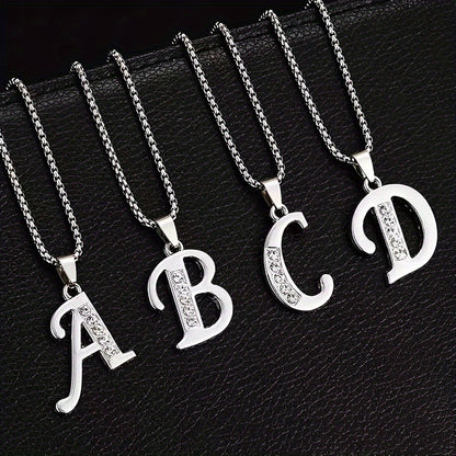 Stainless Steel Hip Hop Initial Necklace, Glass Embedded Alphabet Pendant, Daily Occasion Jewelry, Ideal Graduation Gift, All-Season Accessory, Perfect for Halloween, Daily Wear Jewelry|Hip Hop Style|Glass Embedded Lette