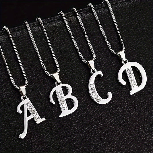 Stainless Steel Hip Hop Initial Necklace, Glass Embedded Alphabet Pendant, Daily Occasion Jewelry, Ideal Graduation Gift, All-Season Accessory, Perfect for Halloween, Daily Wear Jewelry|Hip Hop Style|Glass Embedded Lette