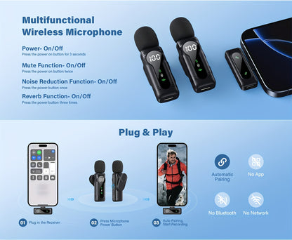 Professional Wireless Lavalier Microphone, Plug-and-Play Clip-On Mic with Auto Pairing Feature, Battery Indicator, Portable Magnetic Mount, Noise Reduction Suitable for iPhone 15/16, Android, USB-C Devices, Live Streaming, Po