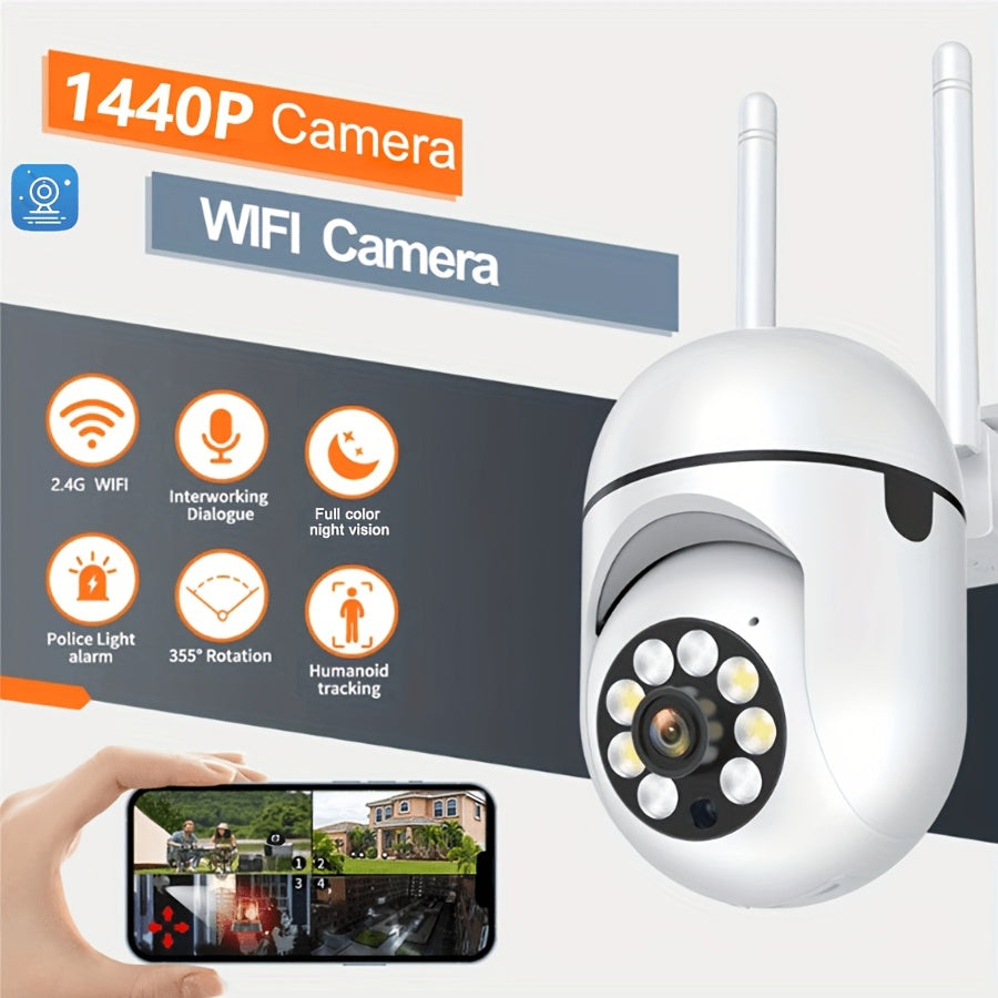 A 1440P Wi-Fi Smart Home Security Camera - 355° Pan-Tilt-Zoom, Color Night Vision, Two-Way Audio, Pet Motion Tracking, Indoor/Outdoor, Wireless, Motion Detection, Real-Time App Viewing, Two-Way Communication - Easy to Instal