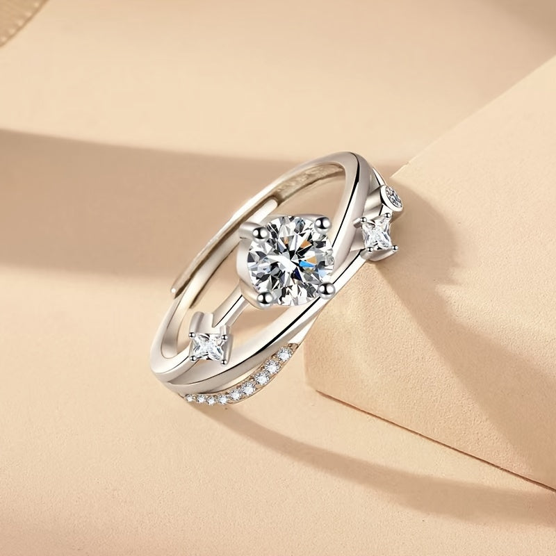 Luxurious Adjustable Starry Sky Ring for Women, Fashionable Engagement Wedding Gift, Geometric Design in Golden, White Golden, Rose Golden - Copper with Synthetic Cubic Zirconia