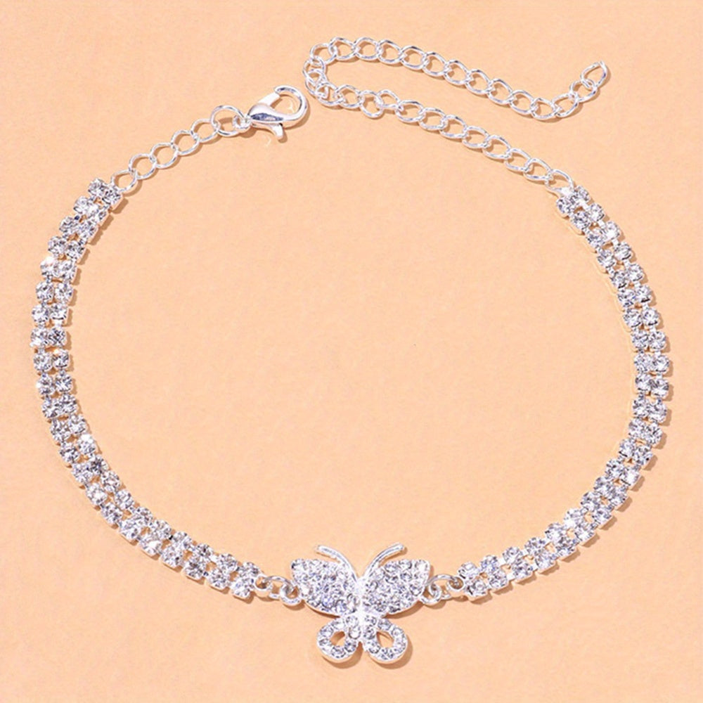 Bling Bling Butterfly Cuban Chain Anklet Inlaid Shiny Rhinestone Hip Hop Style Ankle Bracelet For Women Men