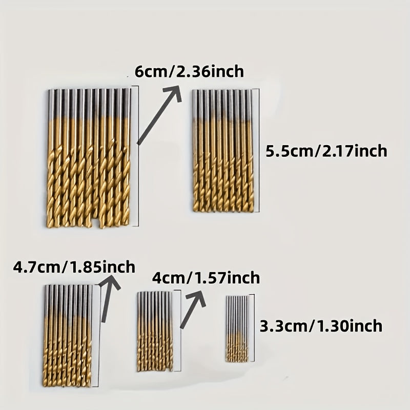 50pcs Titanium-Coated High-Speed Steel Drill Bit Set, 135° Pointed Tip, Suitable for DIY Crafts, Woodworking, Engraving, and Jewelry Making - Sizes from 1/25" to 1/8", Metal Cylindrical