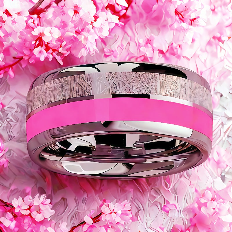 8mm Stainless Steel Ring with Pink Cherry Blossom Inlay - Double Design, Comfortable Fit for Daily Wear & Special Occasions, Perfect Gift for Birthdays, Christmas, Valentine'S Day, Festive Gift Item | Elegant Ring Design | Du