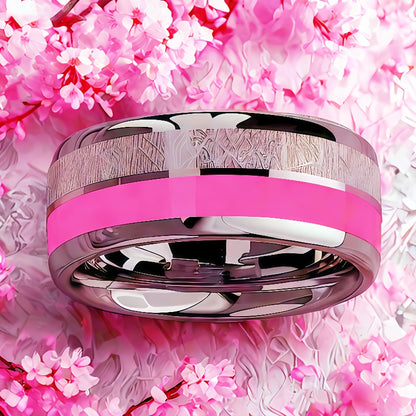 8mm Stainless Steel Ring with Pink Cherry Blossom Inlay - Double Design, Comfortable Fit for Daily Wear & Special Occasions, Perfect Gift for Birthdays, Christmas, Valentine'S Day, Festive Gift Item | Elegant Ring Design | Du