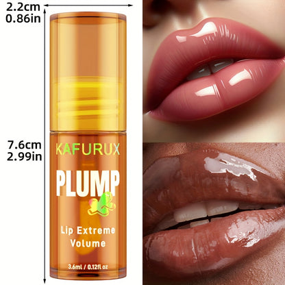 KAFURUX PLUMP Lip Oil, High Hydration Moisturizer, Natural Ginger Scent, All Skin Types, High Shine Finish, Liquid Form, 3ml/0.1oz