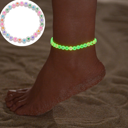 Vacation Beach Style Glow in the Dark Heart-Shaped Resin Anklet for Women - Versatile Daily & Gift Wear Accessory, No Mosaic, All Seasons Compatible