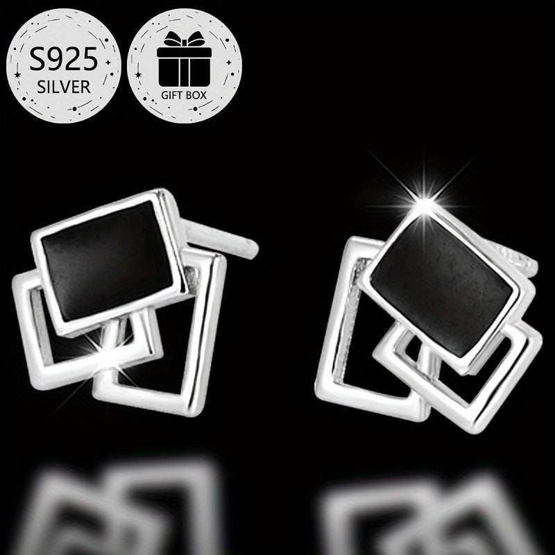 2-Pack Boho Sexy 925 Sterling Silver Square Stud Earrings with Resin Inlay, Lightweight 0.9g, Daily & Gift Occasion, All-Season Jewelry with Gift Box
