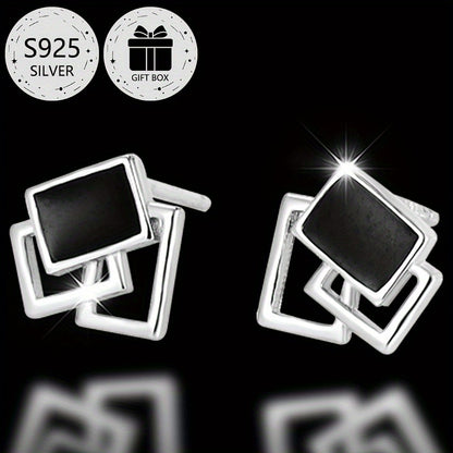 2-Pack Boho Sexy 925 Sterling Silver Square Stud Earrings with Resin Inlay, Lightweight 0.9g, Daily & Gift Occasion, All-Season Jewelry with Gift Box