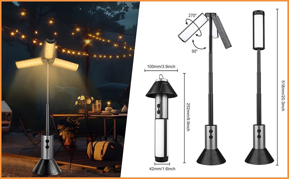 2-in-1 Retractable LED Camping Light, 3000 mAh Rechargeable Retractable Camping Light with USB Rechargeable Battery, 5 Lighting Modes, LED Flashlight, 270° Adjustable, 4 Height Adjustments, Hanging and Standing, Hidden Hook