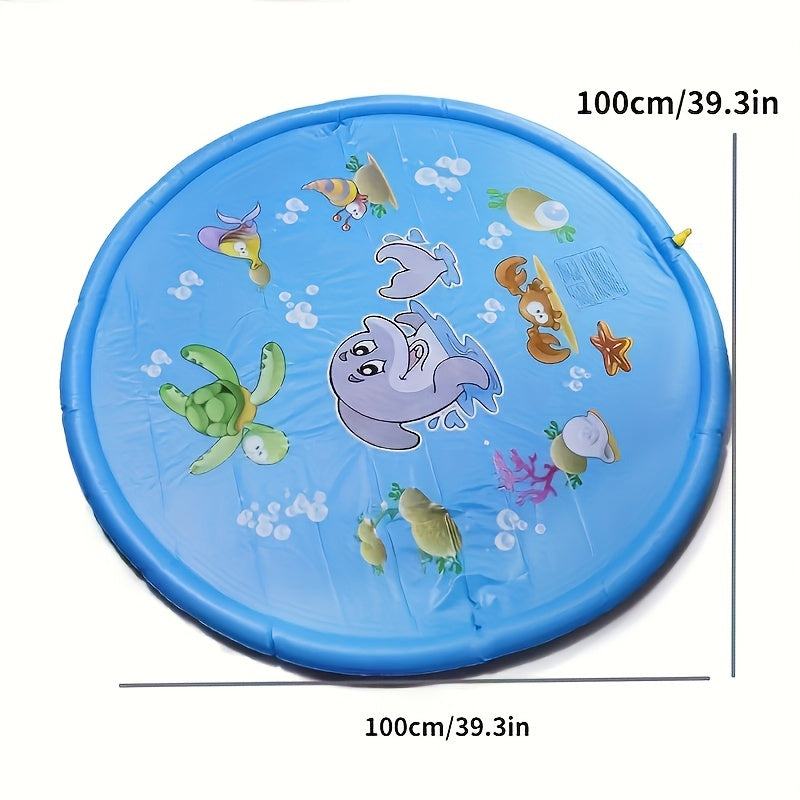 1pc Extra-Large 100.08cm Thick PVC Kids' Water Sprinkler with Marine Life Design - Perfect for Ages 6-8 | Portable & Foldable Inflatable Splash Pad for Outdoor Play, Lawn Fun & Pet Bathing | Blue | Ideal Summer Cool-Down Toy