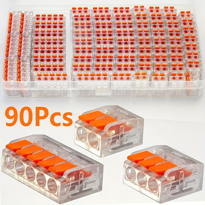 New Style Lever Line Electrical Connectors Kits, 90pcs Quick Electrical Connectors, 28-12AWG, Compact Wire Connectors, 45x2Inputs, 30x3Inputs, 15x5Inputs, Push in Electrical Connection Terminals