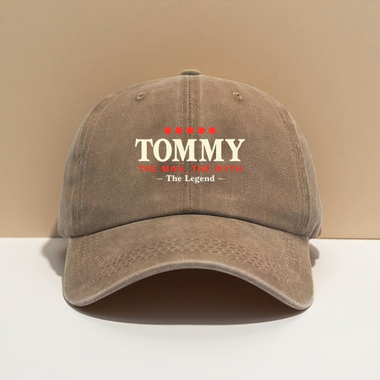 Adjustable Baseball Cap - "Tommy The for Man The Myth The Legend" Print, Vintage Style, Ideal for Outdoor Travel, Camping, Parties, and Hip-Hop Fashion, Black with Red & White Logo, Polyester Material, Camping