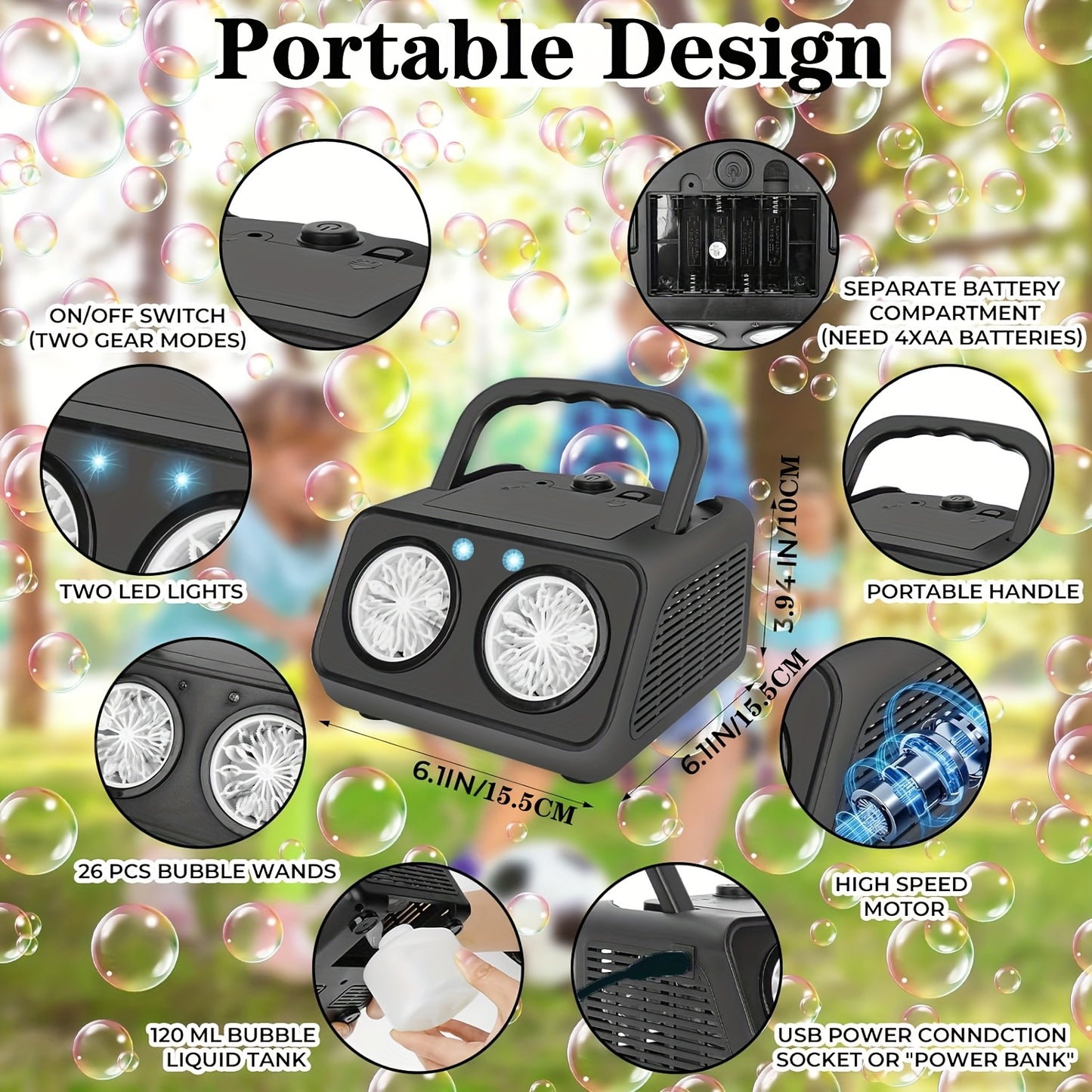 Ultimate Bubble Blaster - 20K+ Bubbles/Min, Dual Fan Portable Outdoor Toy with USB or Battery Power, Perfect for Parties & Christmas Gifts (Bubble Solution & Batteries Not Included)