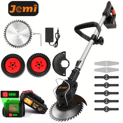 Cordless handheld electric grass trimmer with battery power and auxiliary wheels, multifunctional 3-in-1 grass trimmer pruning tool, used for garden weeding