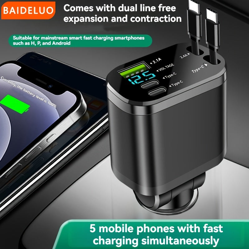 BAIDELUO Car Charger 5-in-1 Retractable Car Phone Charger with Retractable Cable Suitable for iPhone and USB Car Charger, Compatible with Galaxy - Suitable for iOS and Android Systems, Suitable for Various Car Models, Without