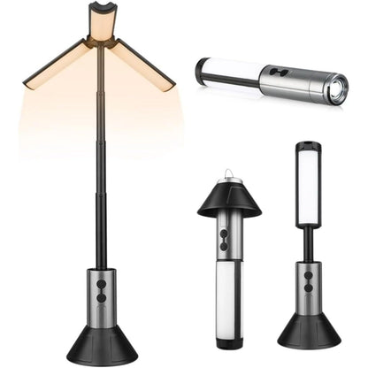 2-in-1 Retractable LED Camping Light, 3000 mAh Rechargeable Retractable Camping Light with USB Rechargeable Battery, 5 Lighting Modes, LED Flashlight, 270° Adjustable, 4 Height Adjustments, Hanging and Standing, Hidden Hook
