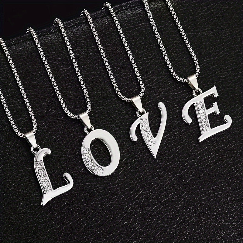 Stainless Steel Hip Hop Initial Necklace, Glass Embedded Alphabet Pendant, Daily Occasion Jewelry, Ideal Graduation Gift, All-Season Accessory, Perfect for Halloween, Daily Wear Jewelry|Hip Hop Style|Glass Embedded Lette