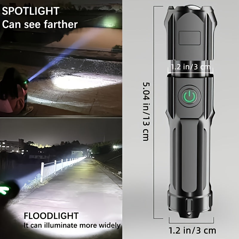 1pc Portable Super Bright Zoomable Flashlight, Rechargeable Long Shot ABS Strong Light Dimming Flashlight, Telescopic Zoom Torch For Outdoor ABS Material
