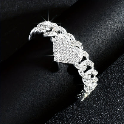 1pc Iced-Out Rhinestone Heart Anklet - Luxurious Golden Cuban Link Chain with Sparkling Stones for Women, Perfect for Casual Attire or Parties, Party Accessories | Heart Charm Anklet | Highquality Jewelry, Heart Jewelry