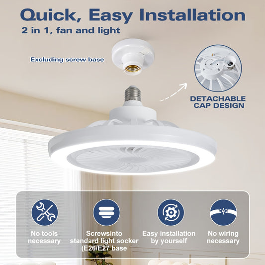 LED Smart Fan Light, Adjustable Wind Power & Infinitely Dimmable, Invisible No Blade, E27/E26 Recessed Installation with Remote Control, Modern Simple with Thin Ceiling Fan Light for Living Room, Bedroom, Dining Room, Storage