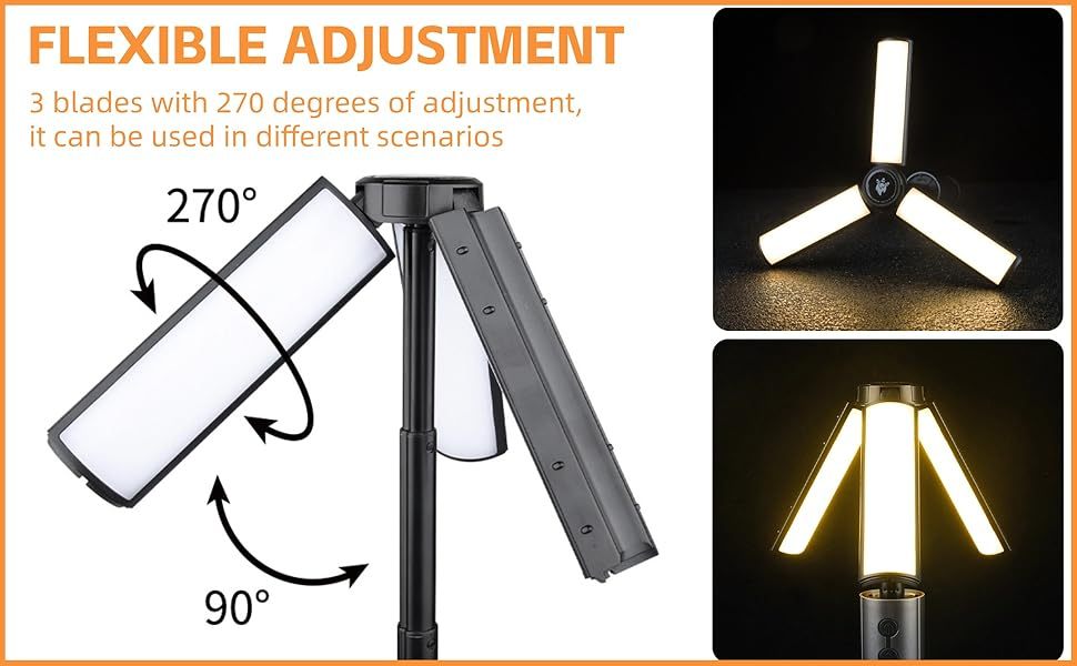 2-in-1 Retractable LED Camping Light, 3000 mAh Rechargeable Retractable Camping Light with USB Rechargeable Battery, 5 Lighting Modes, LED Flashlight, 270° Adjustable, 4 Height Adjustments, Hanging and Standing, Hidden Hook