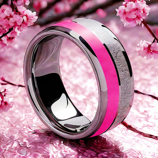 8mm Stainless Steel Ring with Pink Cherry Blossom Inlay - Double Design, Comfortable Fit for Daily Wear & Special Occasions, Perfect Gift for Birthdays, Christmas, Valentine'S Day, Festive Gift Item | Elegant Ring Design | Du