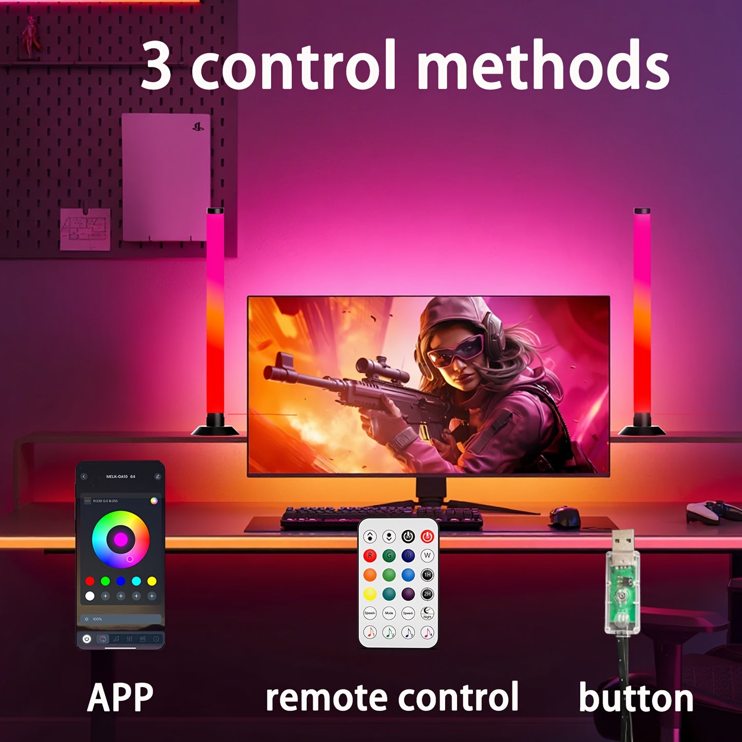 Smart LED Light Bars, RGB+IC Light Bar for Room, 16 Million Colors & 213 Preset Modes Gaming Lights, Remote Control & App Control, Dynamic Music Sync Mode TV Backlight, USB Powered Ambient Lighting---2pcs/set