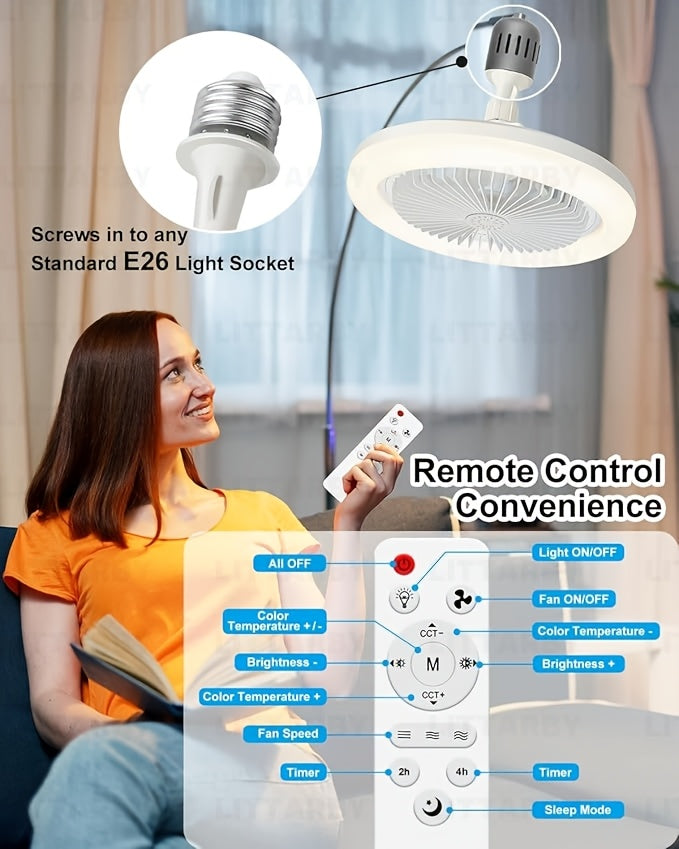 50W 25.4cm LED Smart Ceiling Fan Light with Remote Control, Color Changing and Dimming Features, 2In1 360 degrees Ceiling Fan with Light | E26/27 Socket, Dual Function Cooling and Lighting, Timing, Suitable for for Bedroom, k