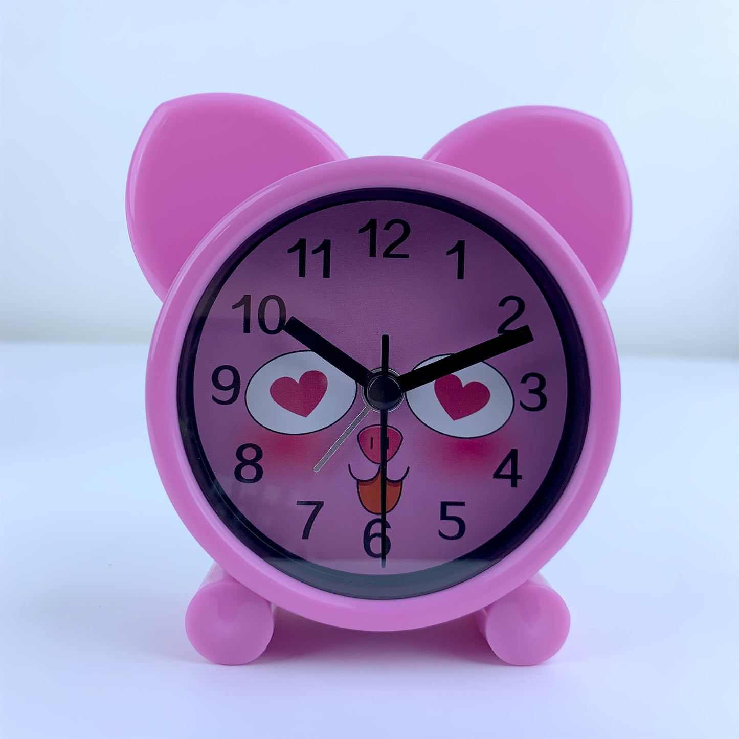 A pink cartoon animal-shaped alarm clock that simulates, silent without ticking, a plastic clock powered by batteries, can be set to remind, suitable for rooms, bedside tables, desks, ideal gift (without batteries)