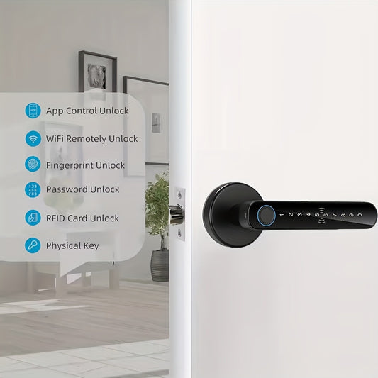 1pc Smart Door Lock with Multiple Unlocking Modes - Fingerprint/Password/IC Card/Key/APP Control, Check the Door Lock Status and Unlocking Record, Built-in Emergency Power Supply with 4*AAA Batteries(Not Included) for Home Se