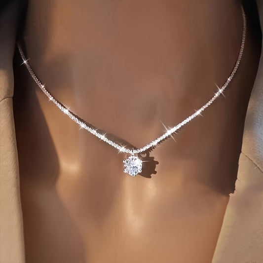 Vintage Boho Style 925 Silver Plated Necklace with Synthetic Cubic Zirconia Pendant, Copper Chain, Eternal Promise Jewelry for Women, Ideal for Christmas, Mother'S Day, Valentine'S Day Gift, All-Season Accessory