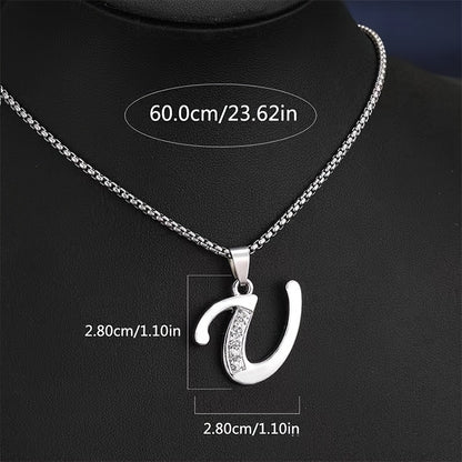 Stainless Steel Hip Hop Initial Necklace, Glass Embedded Alphabet Pendant, Daily Occasion Jewelry, Ideal Graduation Gift, All-Season Accessory, Perfect for Halloween, Daily Wear Jewelry|Hip Hop Style|Glass Embedded Lette